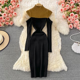 Women O-Neck Contrast Color Patchwork Knitted Sweater Dress Elegant Cut Out Long Sleeve Sexy Bodycon Midi Dress