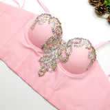 Summer Sexy Corset Rhinestone Short Women Camis In Bra Cropped With Cup Crop Top Push Up Breast