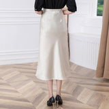 Summer Midi Elegant High Waist Black Long Satin Skirt Office Trumpet Vintage Silk Fishtail Skirts