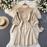 Autumn Winter Mini Sweater Dress Cut Out Ruffle Neck Puff Sleeve Casual Knitted Dress