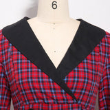 V Neck Wrap Double Breasted High Waist Tartan Vintage Autumn 3/4 Length Sleeve Elegant Plaid Dress