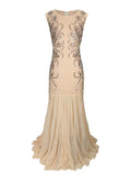 1920s Tulle Evening Dress Beaded Embroidery Retro Floor-length Chiffon Prom Gown O-neck Mermaid Great Gatsby Party Dress