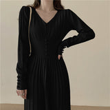 V Neck Long Sleeve Pleated Knitted Dress Autumn Winter Button Elegant Casual Midi Dress