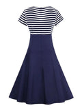 A-Line Striped Vintage Buttons Short Sleeve Summer Dress High Waist Women Clothing Patchwork Dresses