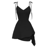 2021 Summer Gothic Rock Black Mini Dress Women Sexy Strap Sleeveless V collar Lacing Side Lace up A-line Female Short Sundress