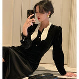 Autumn Women Elegant Midi Dress A-Line Bow Collar Long Sleeve Pearl Buttons Casual Party Dress