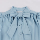 Tie Neck Button Up 50S Pinup Robes Women Vintage Pleated Swing Blue Elegant Retro Dress