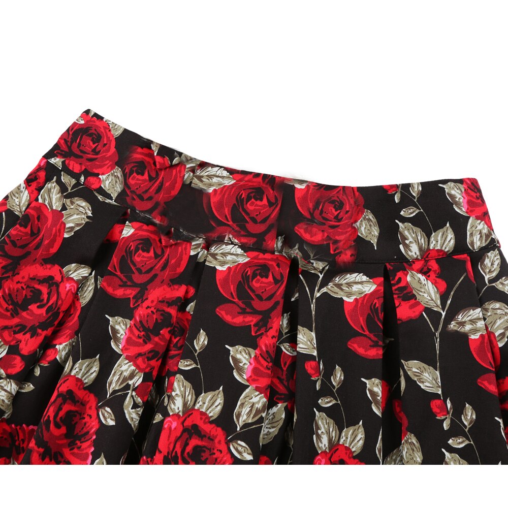 2021 High Waist Floral Rockabilly Pleated Skirts Womens Summer Red Rose Flower Women Vintage Skirt Midi Plus Size 3XL Clothing