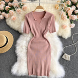 Polo Neck Solid Color Casual Ribbed Knitted Dress Woman Short Sleeve Sexy Mini Bodycon Dress