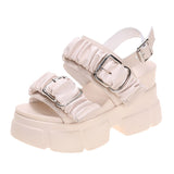 Pleated Chunky Platform Sandals Buckle Wedges Slippers Woman 9cm High Heel Summer Sandalias