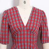 Autumn Vintage V Neck Plaid Pin Up High Waist Elegant Robe Rockabilly Party Dress