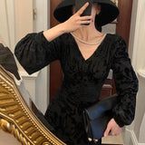 2021 Winter Office Lady Vintage Midi Dress Women Long Sleeve Black Elegant Dress Design Evening Party One Piece Dress Korean