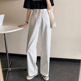 Women White Casual Jeans Korean Style All-match Loose High Waist Female Wide Leg Denim Pants