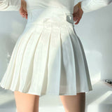 Women High Waist Belt Solid JK Pleated A-Line Mini Skirts Cool Style Chain Zipper Skirt Streetwear