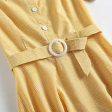 2021 Hepburn Style Shirt Summer Women Dress With Belt Vintage England Plaid Yellow Floral Short Sleeve Swing Pin Up Sundress