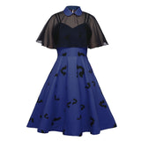 2021 Chiffon Cape Bat Print Elegant Summer Midi Dress High Waist Vintage Style 50s 60s Women Halloween Party Swing Dresses