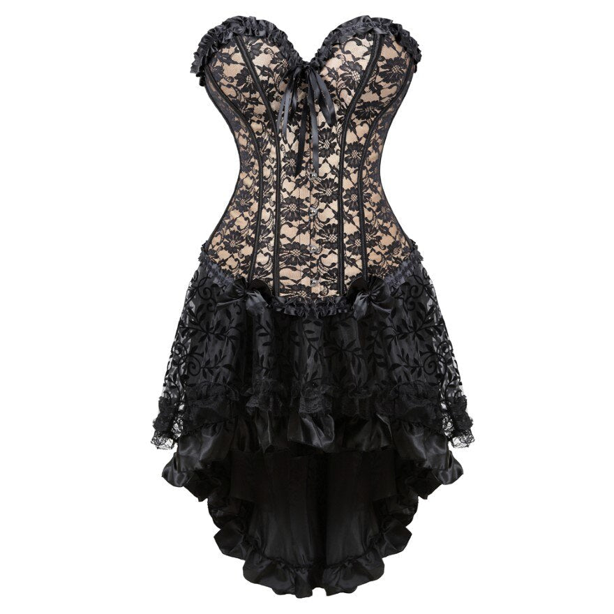 Women Sexy Floral Lace Overlay Corset Dress Victorian Vintage Overbust Corset Top With Gothic Asymmetrical High Low Skirt Set