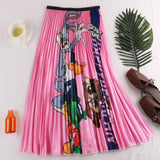 Summer Korean Casual Pleated Midi Long Women Printed A Line High Waist Mid-length Skirt