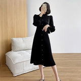 Autumn Winter Buttons Puff-Sleeve Women Sweaters Dress Slim Waist Stretched Knitted Female Midi Dress vestidos