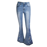 Floral Embroidered Vintage Flare Jeans Mid Waist Zipper Fly Skinny Slim Fitted Denim Pants