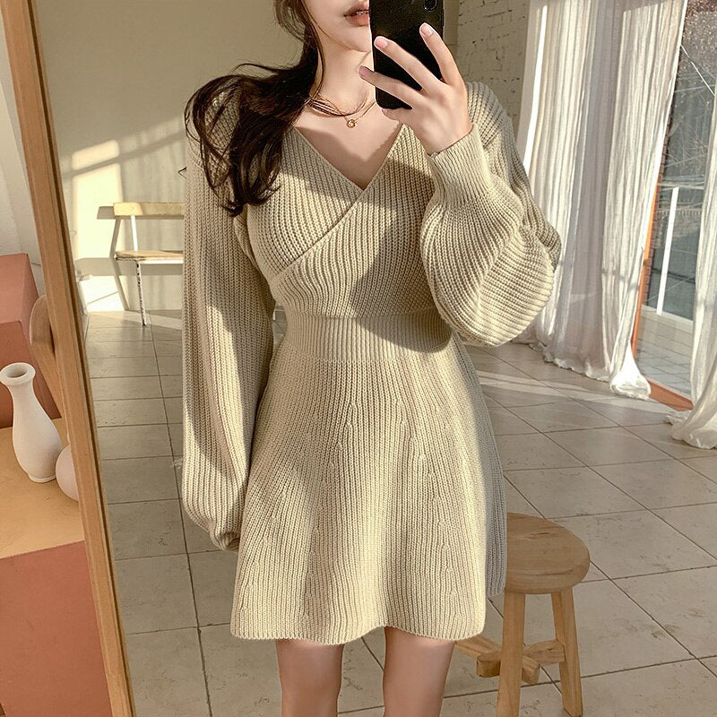 Winter Casual Sweater Dress Crossover V Neck Long Sleeve Knitted Short Mini Dress