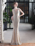 Crystal Beads Sleeve Formal Women Dress V Neck Sequins Mermaid Party Gowns Floor Length Elegant Robe De Soriee