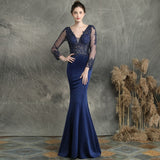 Burgundry V-neck Appliques Beaded Long Sleeve Dress See through Elegant Evening Party Dress