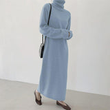 Casual Autumn Winter Women Turtleneck Full Sleeve Thick Maxi Knitted Pullovers Dress Female Basic Loose Sweater Dress