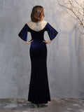 Vintage Velour Evening Dresses Short Lotus Sleeve Mermaid Party Sweet-Neck Sexy Cut-out Occasion Gown