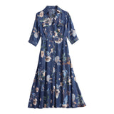 Spring Tencel Denim Floral Print Long Women High Waist Single-breasted A-Line Dress Belt