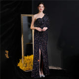 Women Elegant One Shoulder Long Sleeve Evening Dress Hight Slit Gold Sequin Ruffles Party Maxi Dress