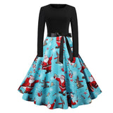 Black and Sky Blue Two Tone Elegant Vintage Christmas Women O-Neck Winter Party Belted A-Line Dress