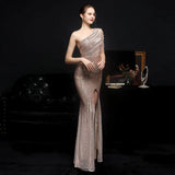 Elegant One Shoulder Slit Gold Sequin Evening Dress Women Beads Party Maxi Dress