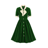 Spring Green Shirt Women Tunic Midi Dress Button Bow Neck Design 1920s 50S 60S Retro Vintage Cotton Swing Dresses For Party