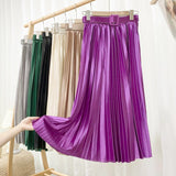 Women Shimmer Satin Midi Long Pleated Skirt With Belt Elastic High Waist Casual Skirts