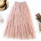 Vintage Boho Tulle Summer Long Maxi Pleated Skirt Elastic High Waist Ruffle A-line Skirt