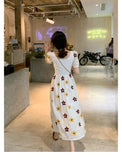 2021 Vintage Embroidery Sun Floral  Midi Dress Women Elegant  Puff Sleeve O Neck Clothes  New