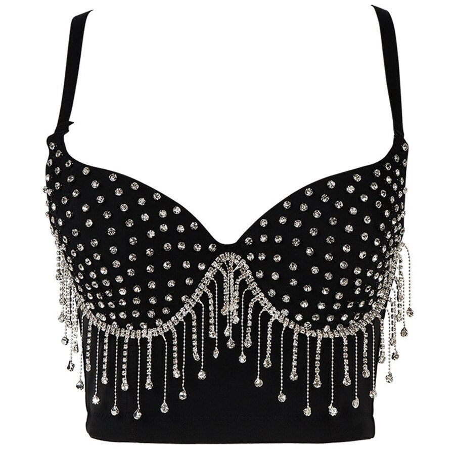 Tassel Rhinestone Tops Nightclub Camis Sexy Push Up Chest Cropped To Wear Out With Bra Female Corset