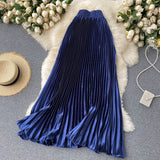 High Waist Long Women Elegant Office Lady Metallic Satin Maxi Pleated Skirt