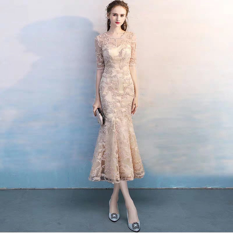 Gold Mermaid Evening Dress Half-Sleeve Embroidery Tulle Floor-length Prom Gown Elegant O-neck Party Robe Women Dress