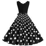 Polka Dot Print Women Summer Dress Black Patchwork Sleeveless V neck Elegant Vintage Party Casual Midi Dress