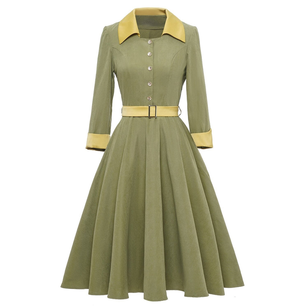 3/4 Long Sleeve Green Plaid Women Party Dress Gingham A Line Tunic Midi Shirt Style Button Up Rockabilly 50s Cotton Dresses Belt