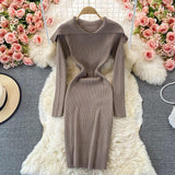 Bodycon Women Clothing Elegant Cape Collar Ribbed Knitted Dress Autumn Winter Warm Mini Casual Long Sleeve Dress