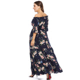 Navy Blue Floral Print Women Plus Size Summer Boho Off Shoulder Long Maxi Beach Party Bohemian Dresses