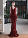 Crystal Beads Sleeve Formal Women Dress V Neck Sequins Mermaid Party Gowns Floor Length Elegant Robe De Soriee