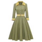 Button Shirt Vintage A Line Women Party Dress With Belt Retro Vintage 60s Sundress Green 3/4 Long Sleeve Swing Rockabilly Dress