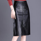 PU Leather Women Office Pencil Elegant Autumn High Waist Black Korean Style Knee Length Leather Skirt