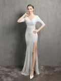 New White Long Slit Party Dress Women See-through Sequin Evening Dress