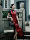 Fashion Sequins Embroidered Evening Dress Side-Slit Formal Occasion Women Black Red Short-Sleeve Tea-Length China Cheongsam