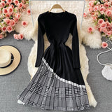 Winter Women Crew Neck Long Sleeve Knee Length Midi Dress Elegant Office Houndstooth Patchwork Knitted Pleated Dress